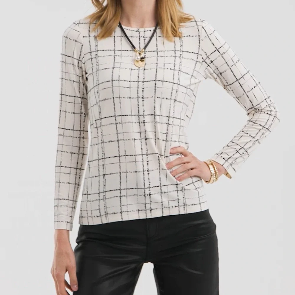 NWT Chico’s Touch of Cool Plaid Long Sleeve Layering Tee Cream XL